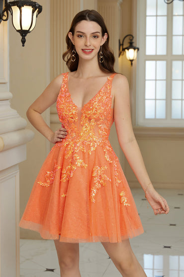 Robe de soirée courte orange pailletée à col en V et ligne A
