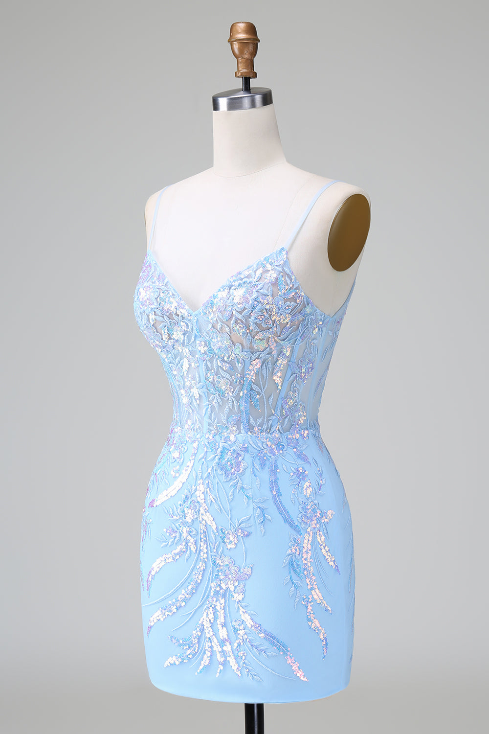 Robe de soirée courte moulante bleu lilas scintillante à bretelles spaghetti et corset avec paillettes