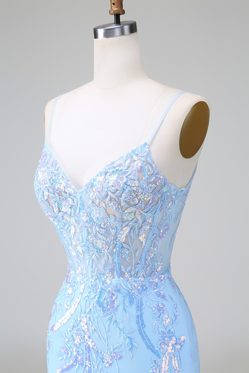Robe de soirée courte moulante bleu lilas scintillante à bretelles spaghetti et corset avec paillettes