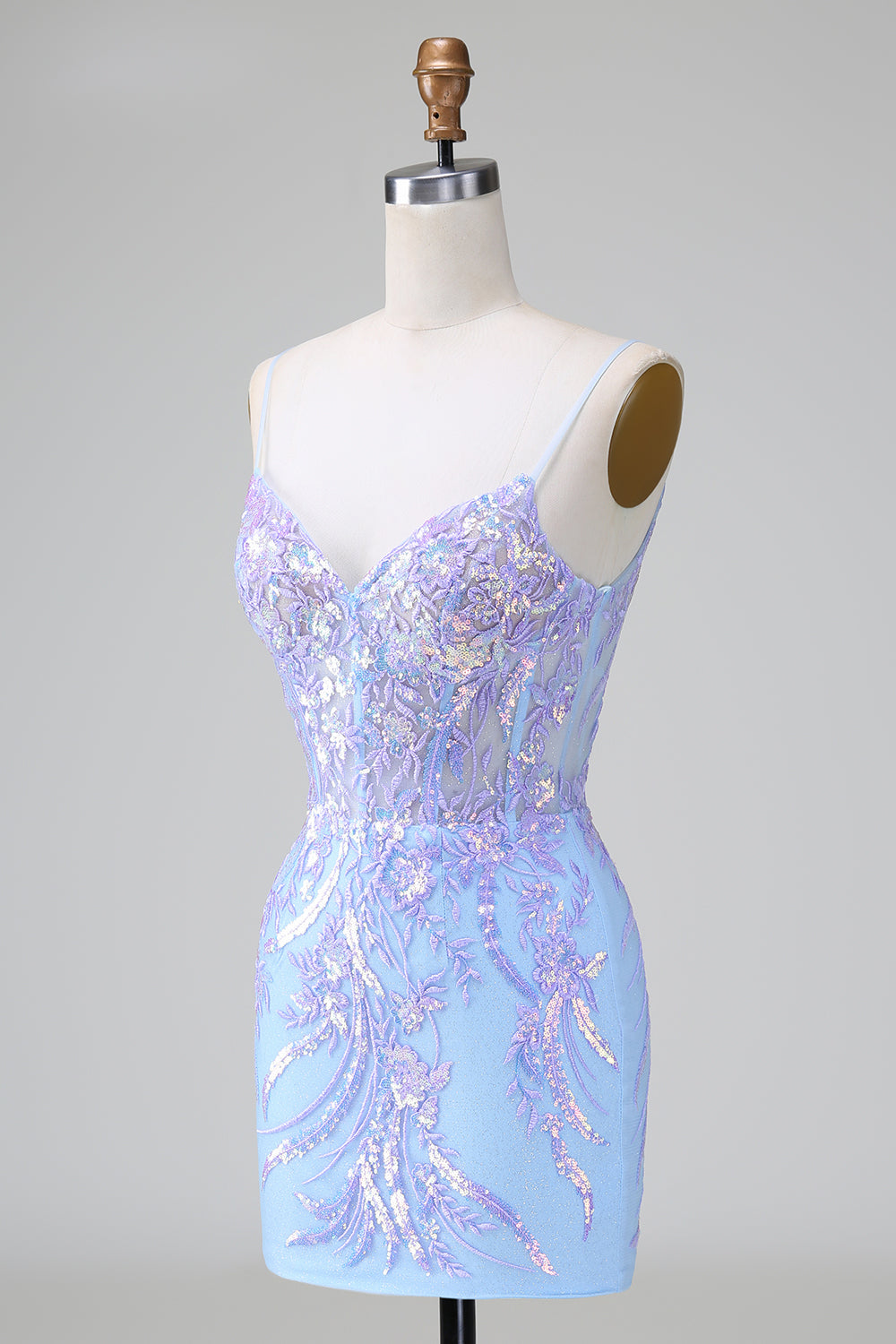 Robe de soirée courte moulante bleu lilas scintillante à bretelles spaghetti et corset avec paillettes