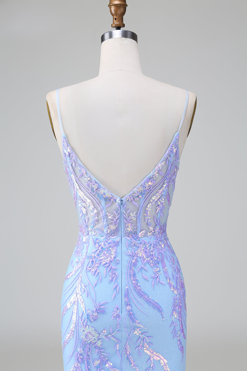 Robe de soirée courte moulante bleu lilas scintillante à bretelles spaghetti et corset avec paillettes