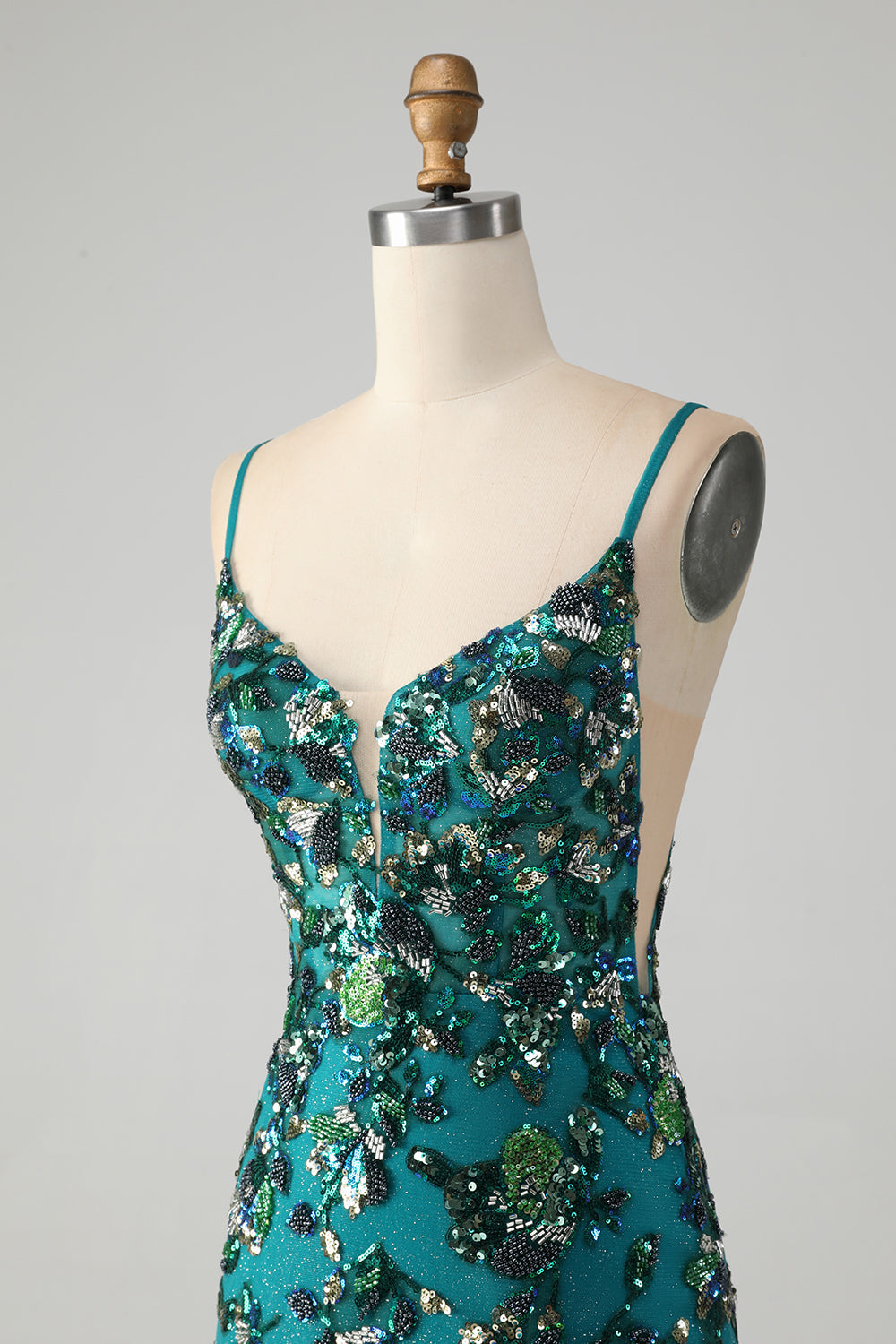 Sparkly Dark Green Bodycon Spaghetti Straps Short Homecoming Dress with Beading