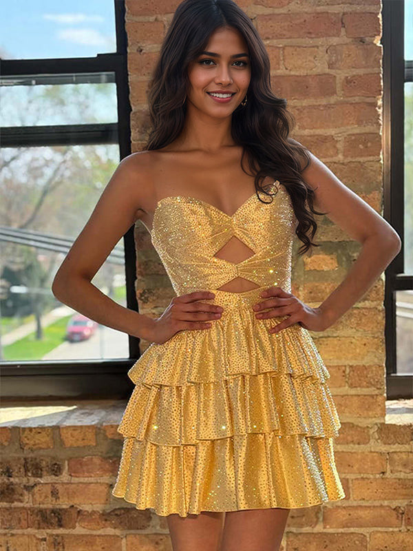 Glitter Strapless Sweetheart A Line Homecoming Dress with Keyhole
