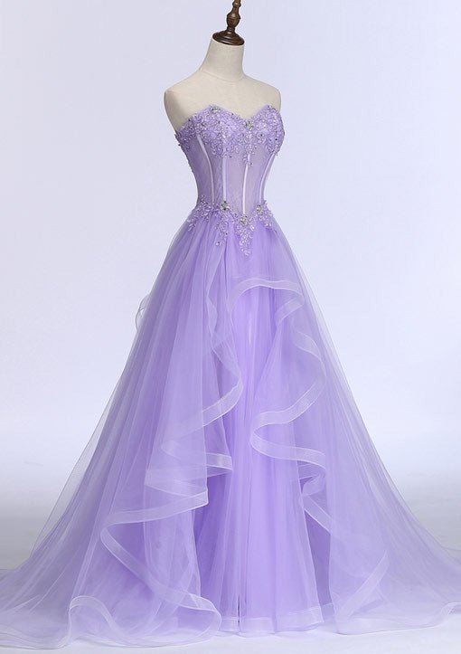 Roycebridal Kaitlyn | A-Linien-Ballkleid aus Tüll mit Herzausschnitt, ärmelloser Schleppe und Perlenapplikation