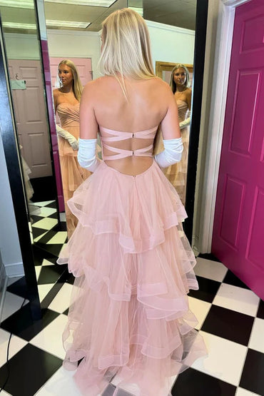 Blush Pink Strapless Ruffle Tiered Tulle Long A Line Prom Dresses