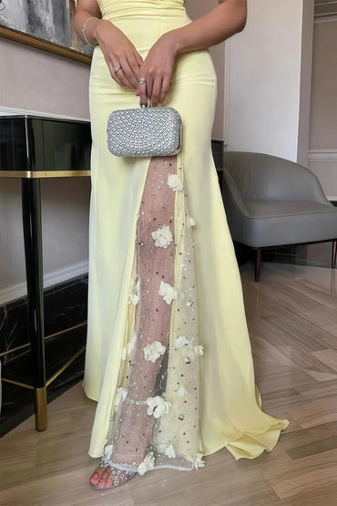 Yellow Off The Shoulder With Flowers Satin Long Mermaid Prom Dress