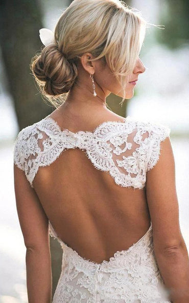 Vintage Lace V Neck Keyhole Back Country A-Line Wedding Dress Custom Made Customized