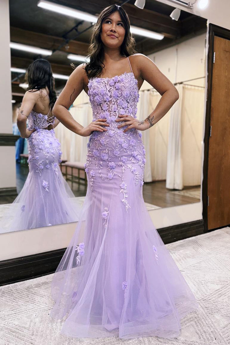 Robe de bal sirène lilas à encolure dégagée et appliqués