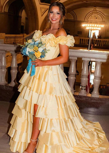 Yellow Slit Off the Shoulder Ruched Layered Satin A Line Prom Dress