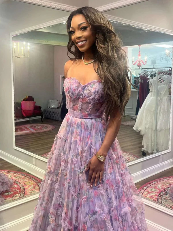 Purple Sweetheart Floral Print Ruffle Long A Line Prom Dress