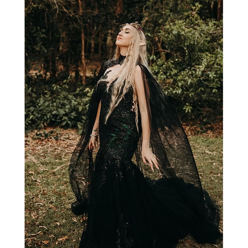 Sexy Deep V Neck Shawl Sleeveless See-through Open Back Lace Appliques Tulle Mermaid Gothic Black Wedding Dress