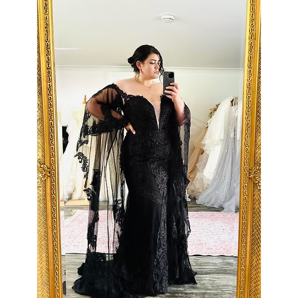 Sexy Deep V Neck Watteau Train Lace Appliques Tulle Mermaid Gothic Black Wedding Dress