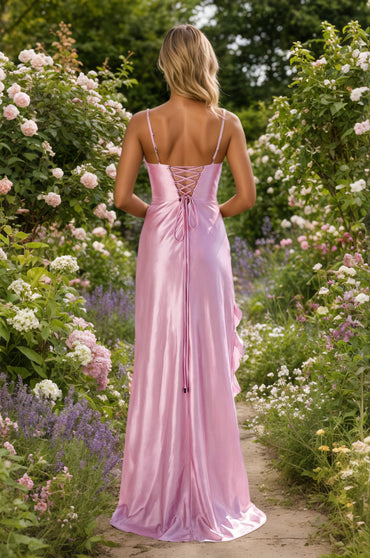 Pink Spaghetti Straps Sheath Long Prom Dresses With Slit