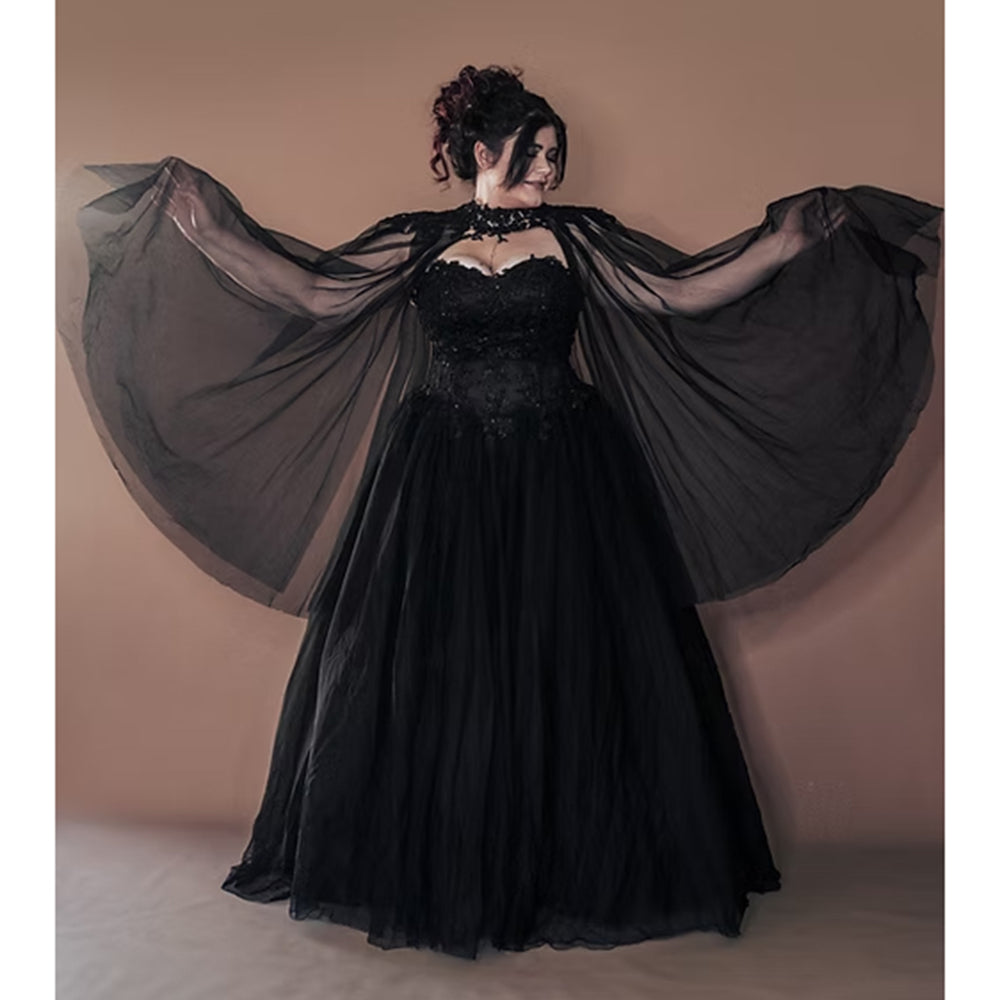 Sexy Sweetheart Neck Watteau Train Lace Appliques Tulle A Line Gothic Black Wedding Dress
