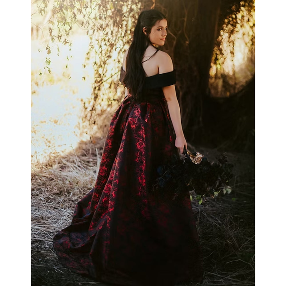 Sexy Split Deep V Neck Off the Shoulder Open Back Lace Print A Line Gothic Black Wedding Dress
