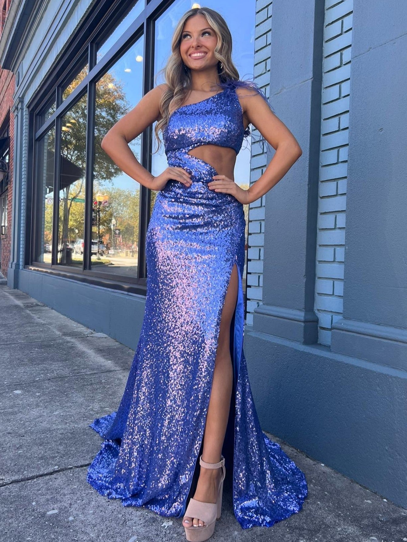Roycebridal One Shoulder Sparkly Unique Black Mermaid Prom Dress