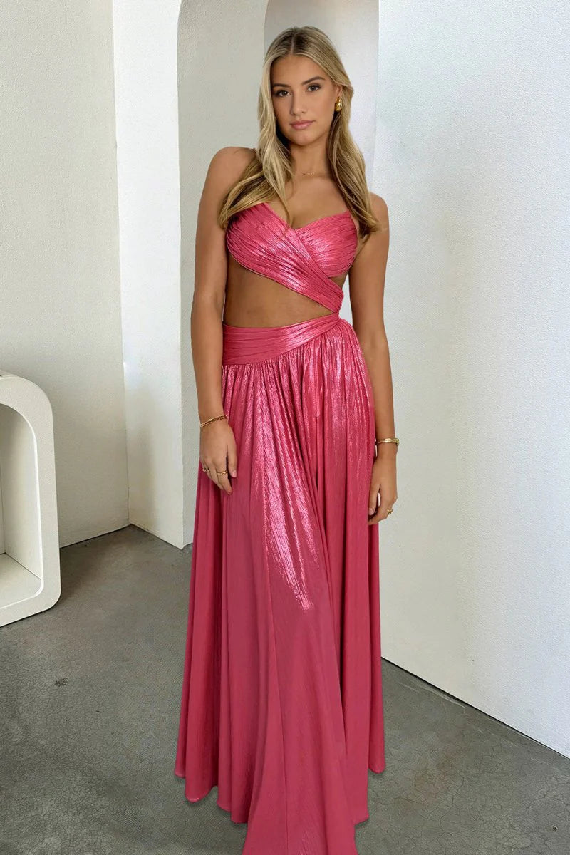 Hot Pink V Neck Metallic With Cut Out Satin Long A Line Prom Dress