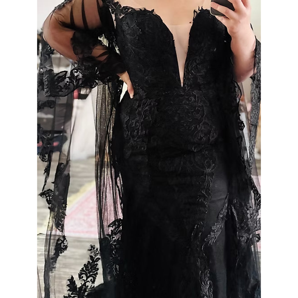 Sexy Deep V Neck Watteau Train Lace Appliques Tulle Mermaid Gothic Black Wedding Dress