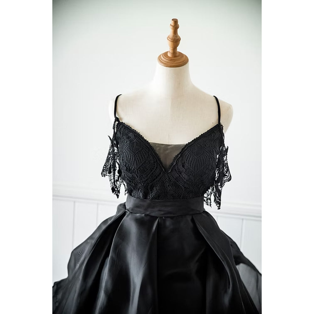 Sexy V Neck Spaghetti Straps Off the Shoulder Lace A Line Gothic Black Wedding Dress