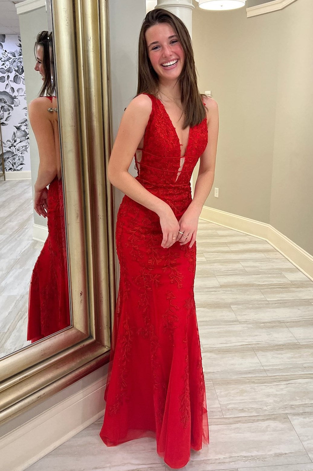 Roycebridal Kallie |Mermaid Plunge V Neck Lace Prom Dress