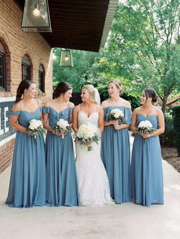 Günstige Chiffon Dusty Blue Infinity Brautjungfernkleider Cabrio Kleid