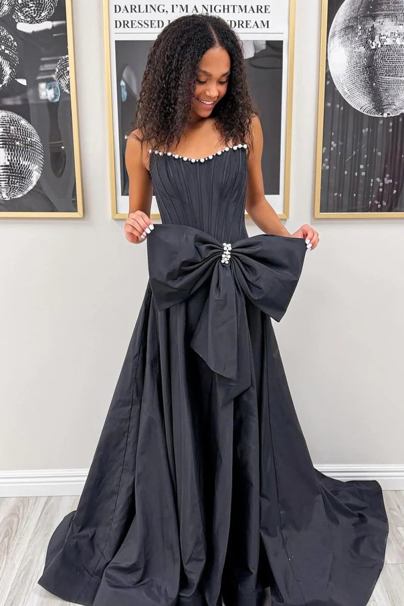 Black Strapless Bow Satin Pearl Long Formal A Line Prom Dress