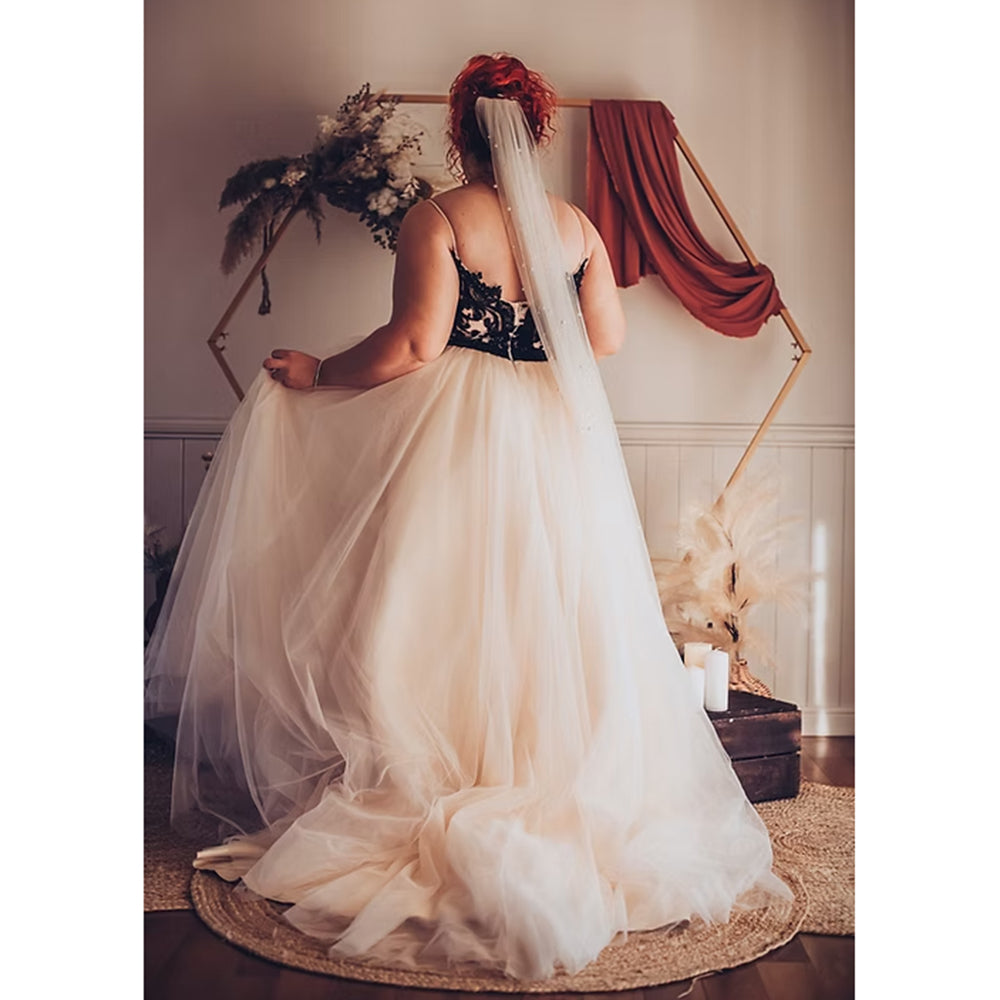 Sexy V Neck Spaghetti Straps Lace Top Tulle A Line Gothic Black Wedding Dress