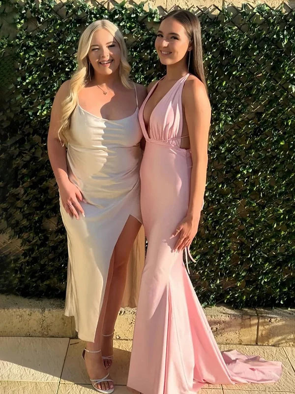 Light Pink Plunge Neck Satin Long Mermaid Prom Dress