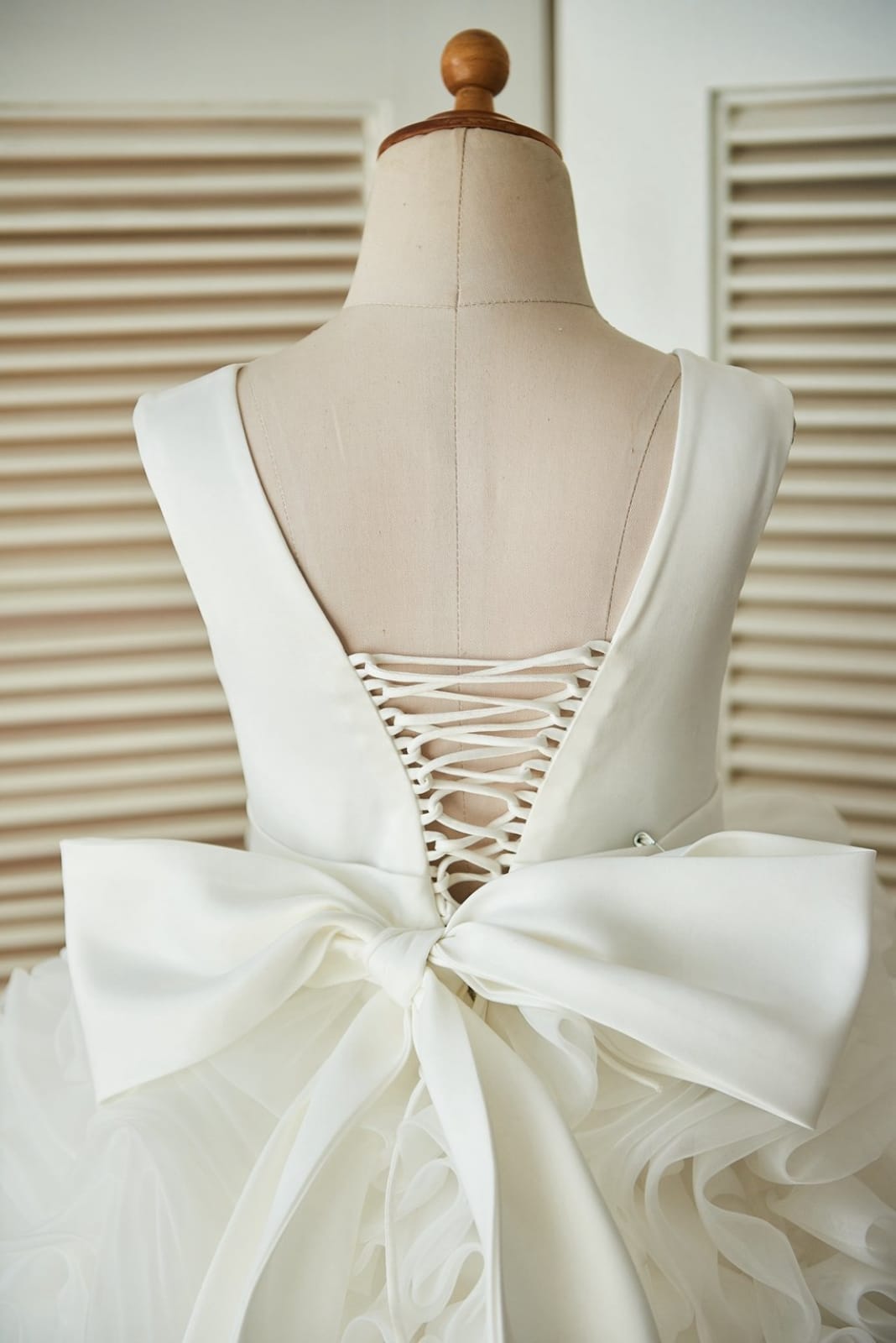 V back Ivory Satin Organza Ball Gown Wedding Flower Girl