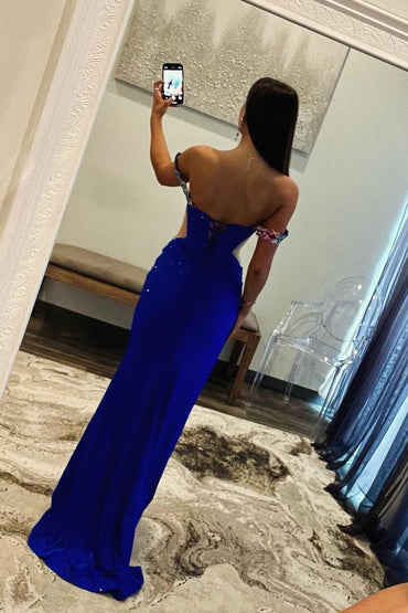 Robe de bal longue bleu roi Roycebridal à épaules dénudées et perles avec appliques