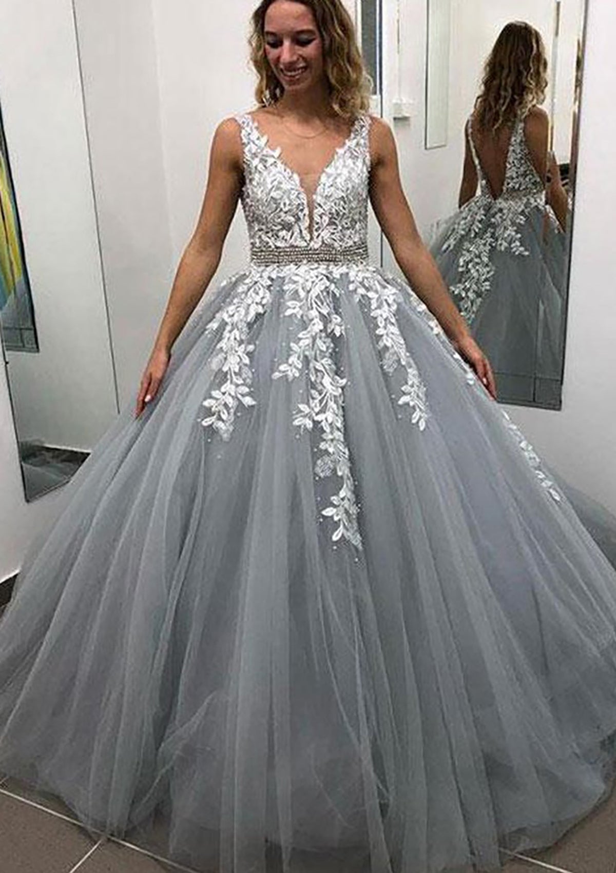 Roycebridal Adley | Ball Gown Sleeveless Long/Floor-Length Tulle Prom Dress With Lace Appliqued Beading