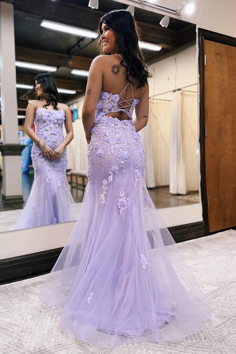 Robe de bal sirène lilas à encolure dégagée et appliqués