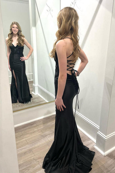 Robe de bal longue sirène noire en satin à col en V et fente