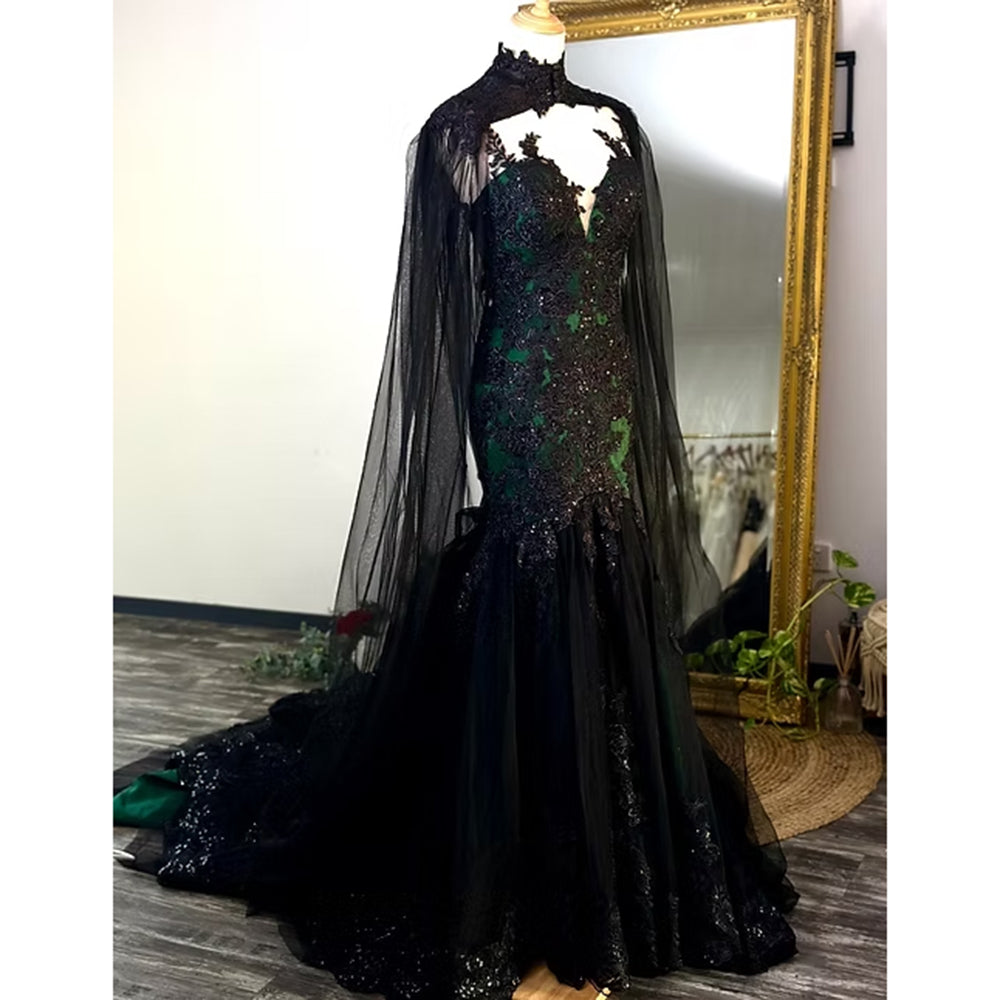 Sexy Deep V Neck Shawl Sleeveless See-through Open Back Lace Appliques Tulle Mermaid Gothic Black Wedding Dress