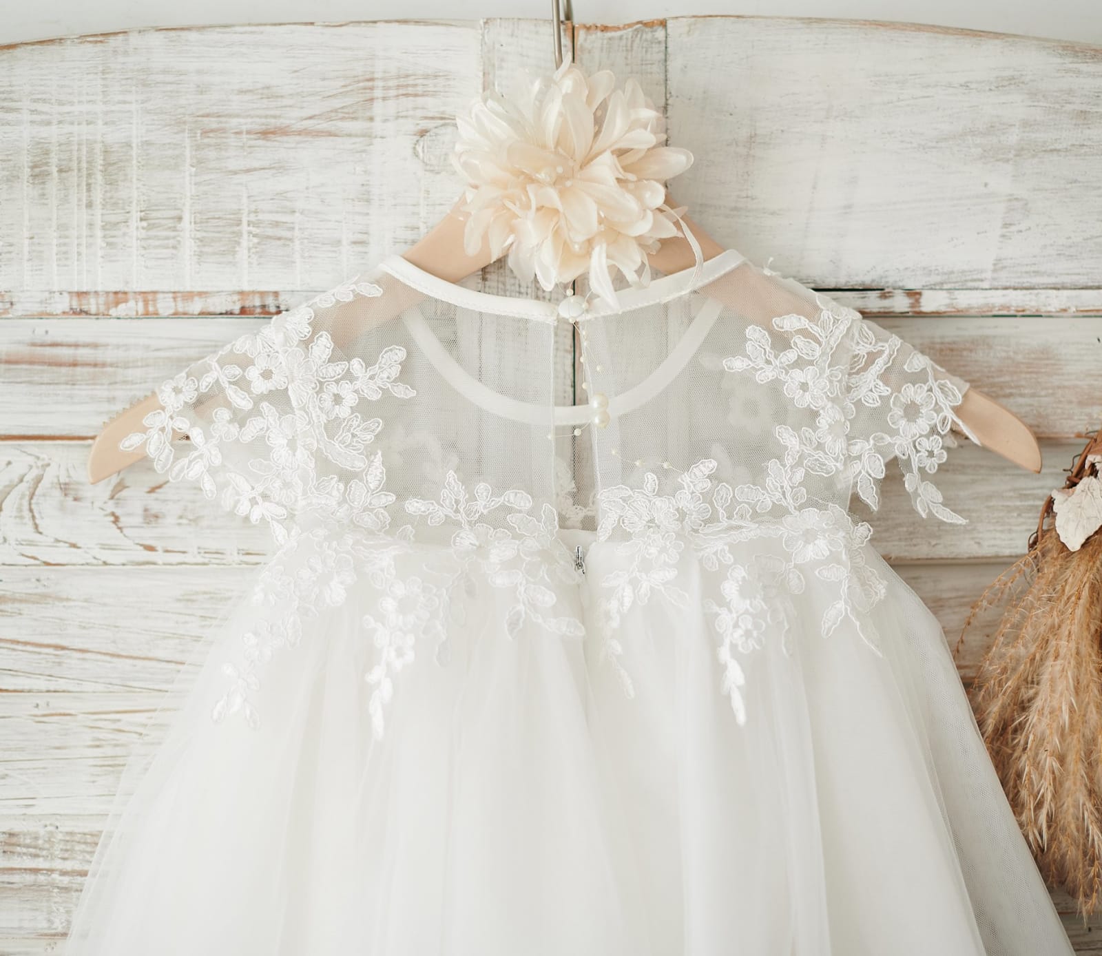 Boho Beach Sheer Neck Ivory Tulle Lace Wedding Flower Girl