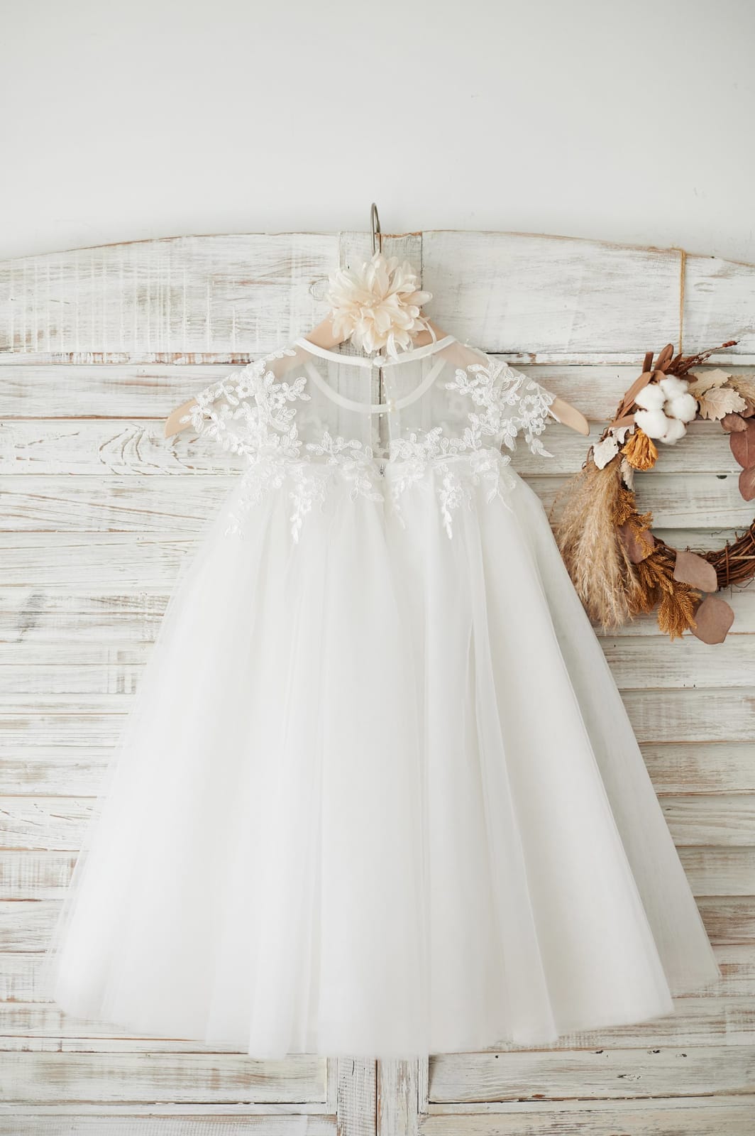 Boho Beach Sheer Neck Ivory Tulle Lace Wedding Flower Girl