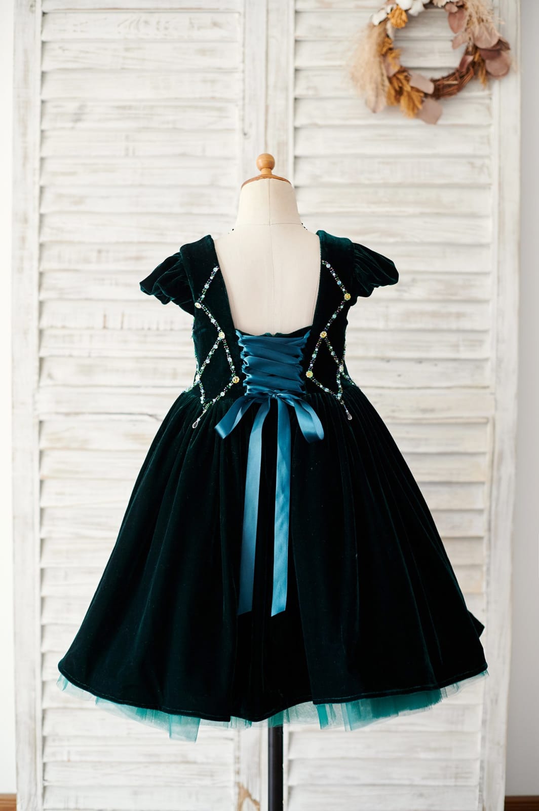 Beaded Green Velvet Corset Back Cap Sleeves Wedding Flower
