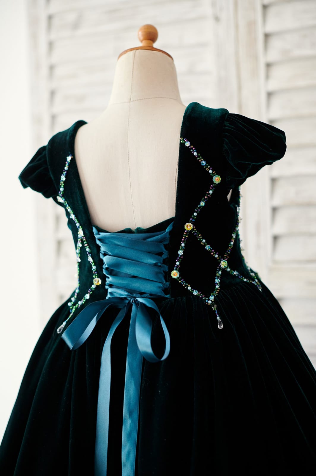 Beaded Green Velvet Corset Back Cap Sleeves Wedding Flower