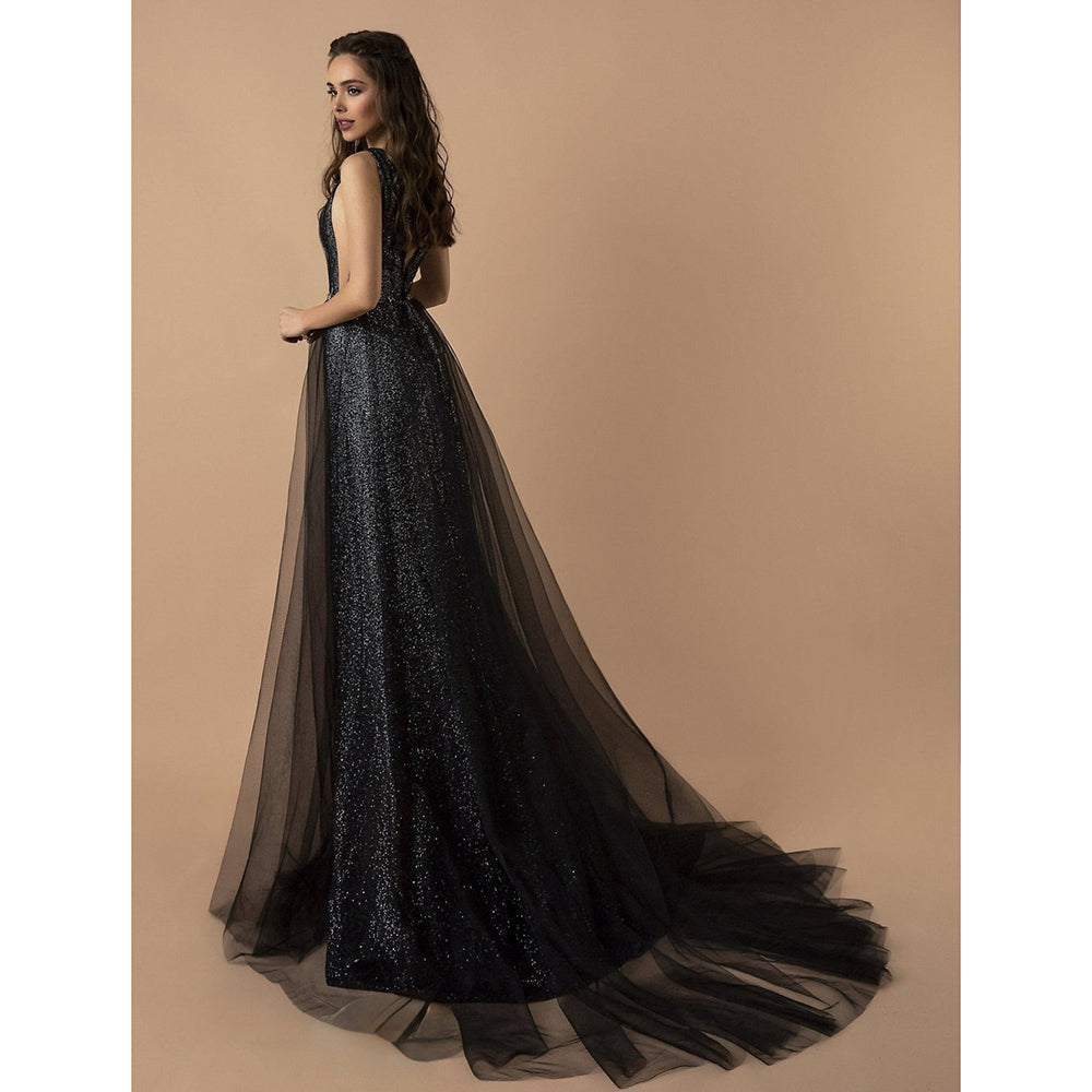 Sparkling Silver Sequin Embroidery and Plunging Neckline Tulle Gothic Black Wedding Dress