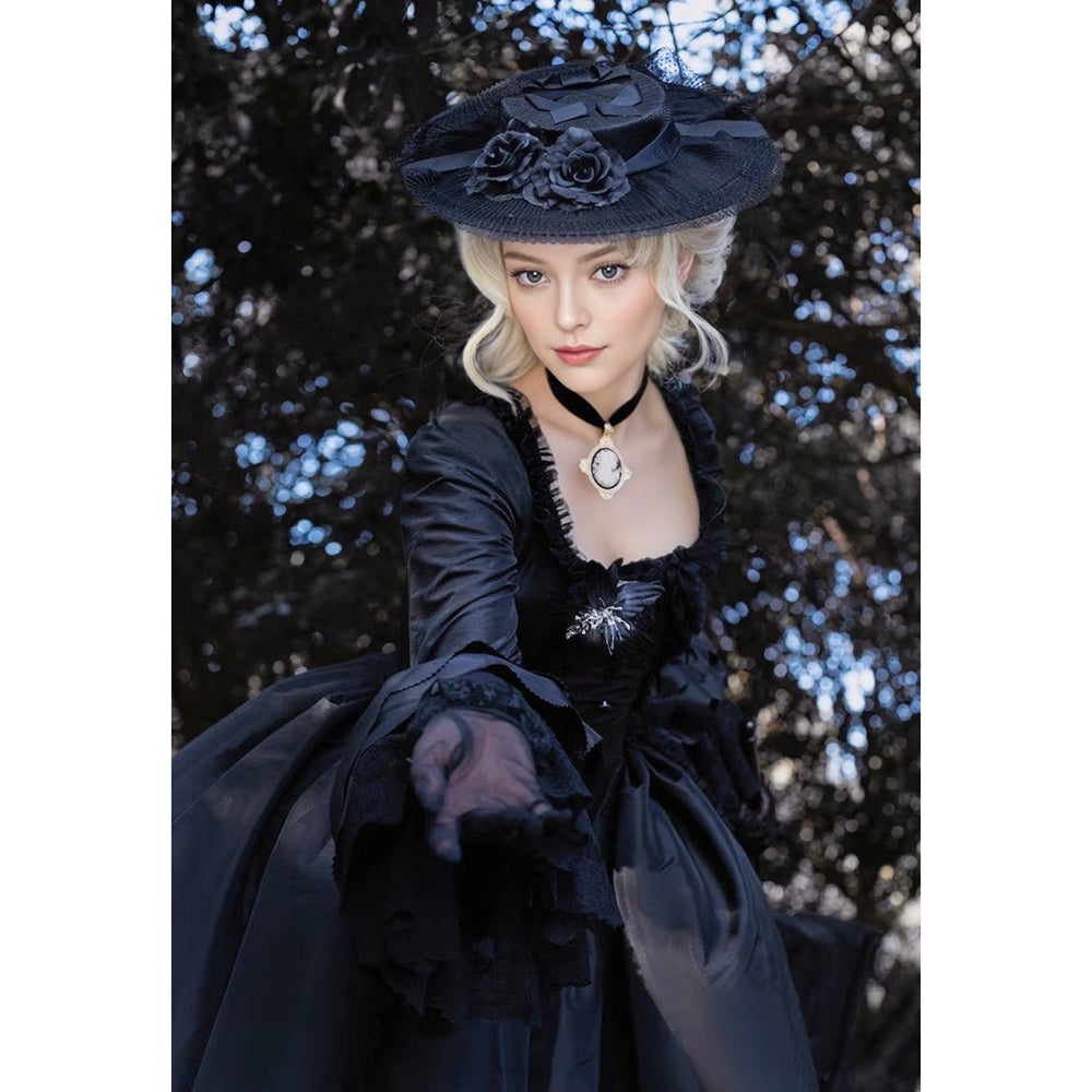 Victorian Ball Gown with Belted Elegance A Line Gothic Black Wedding Dress