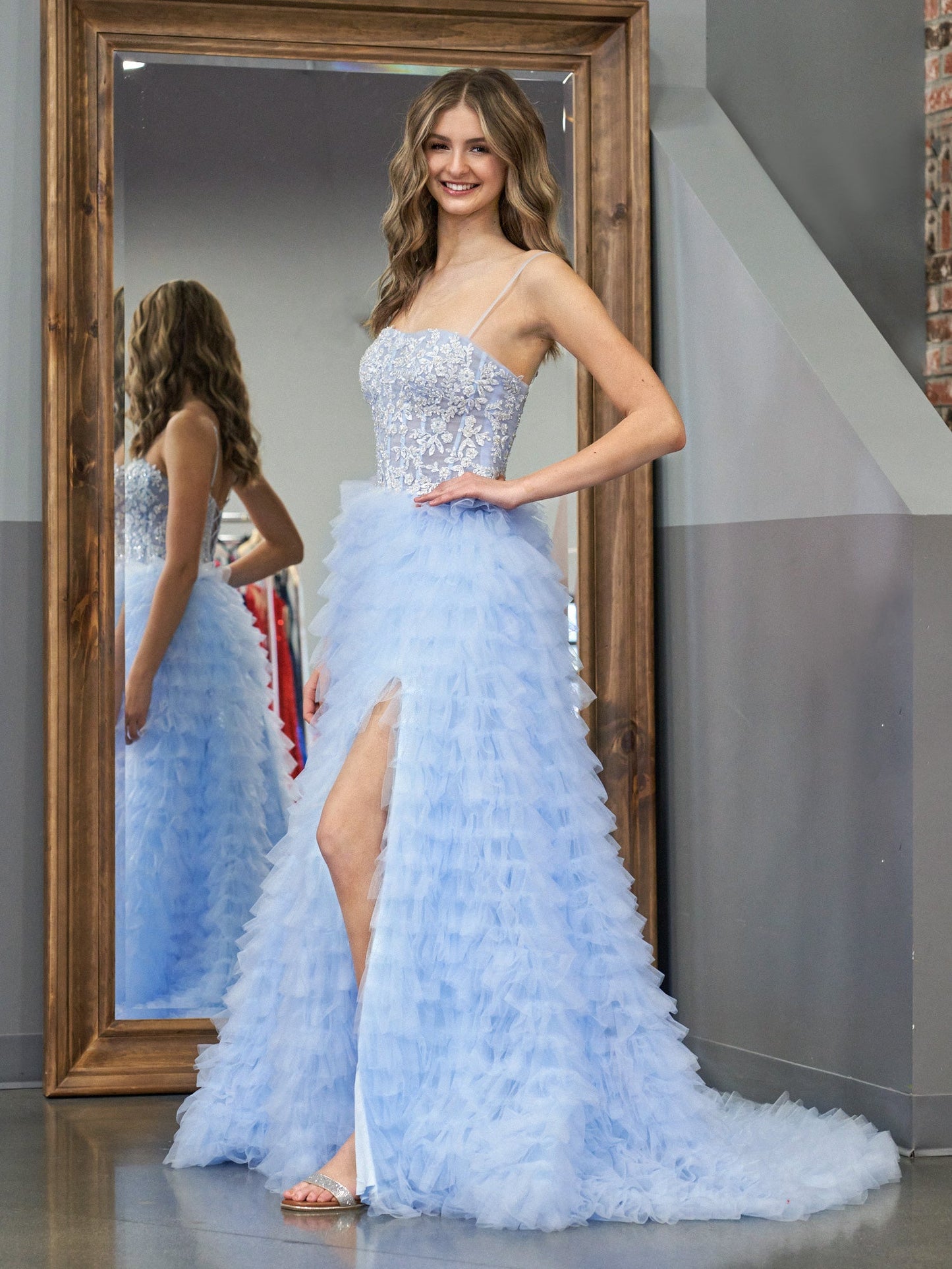 Roycebridal Jordan | Sky Blue A-Line Tiered Sequins Tulle Long Prom Dress