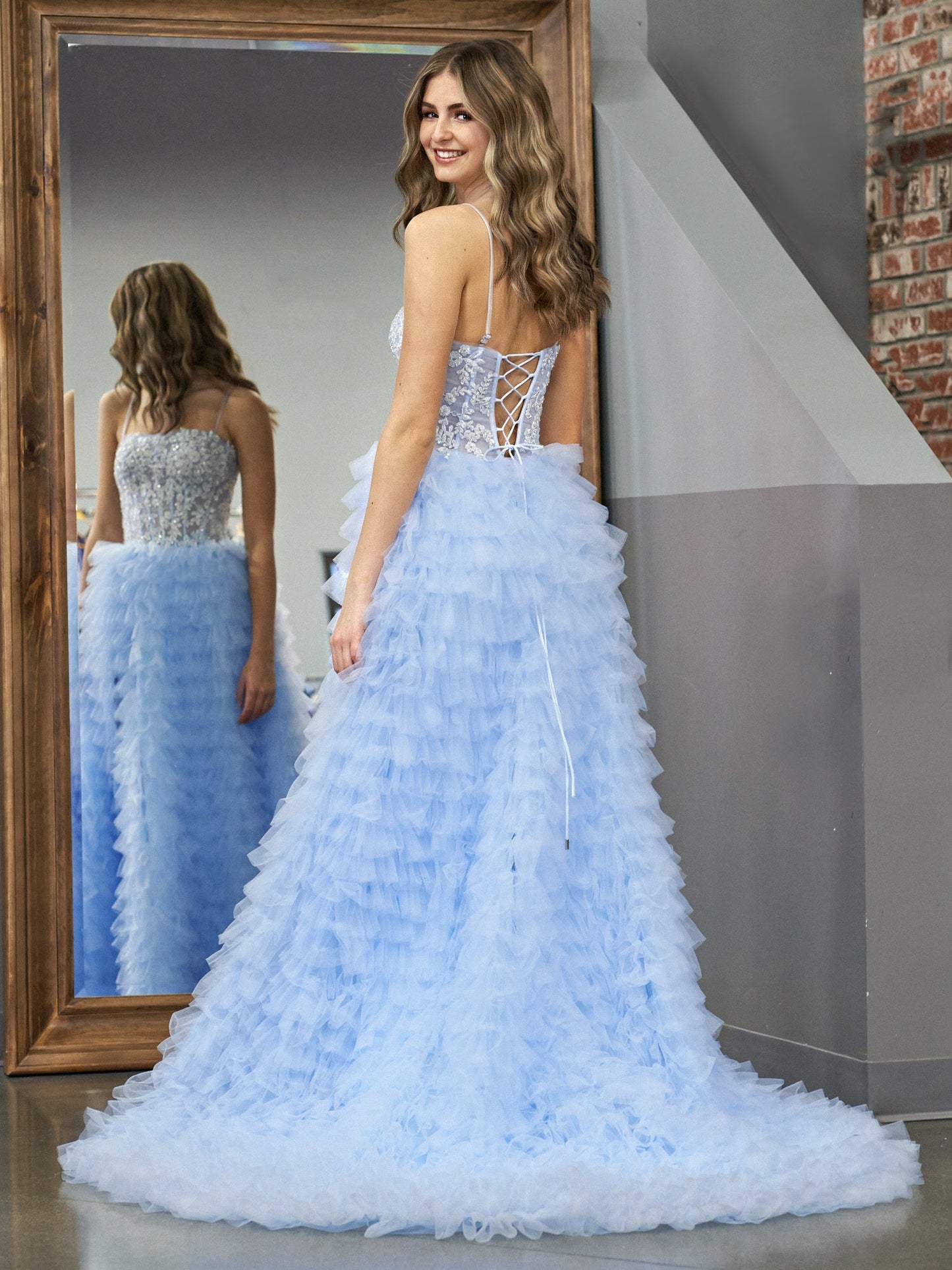 Roycebridal Jordan | Sky Blue A-Line Tiered Sequins Tulle Long Prom Dress