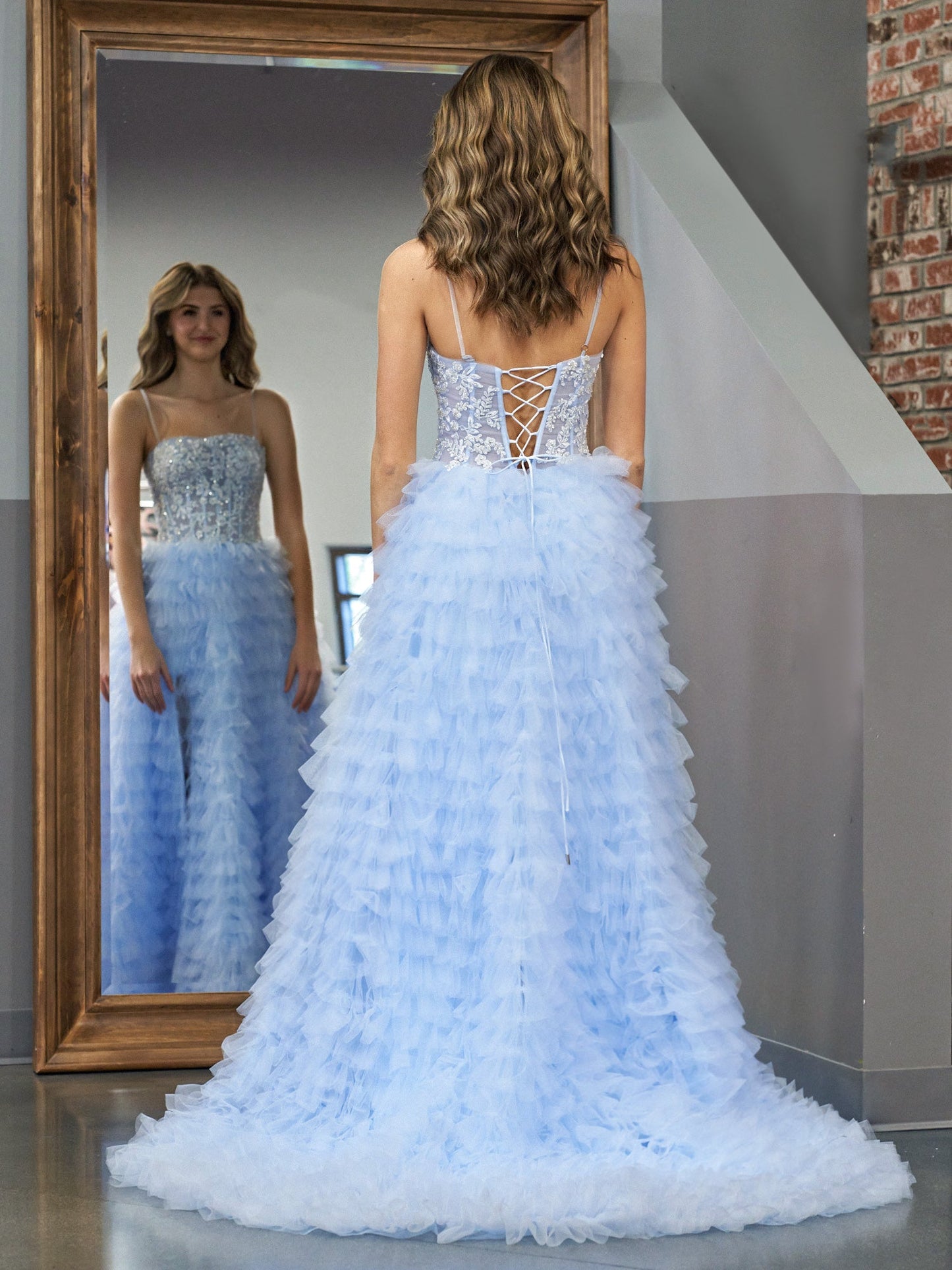 Roycebridal Jordan | Sky Blue A-Line Tiered Sequins Tulle Long Prom Dress