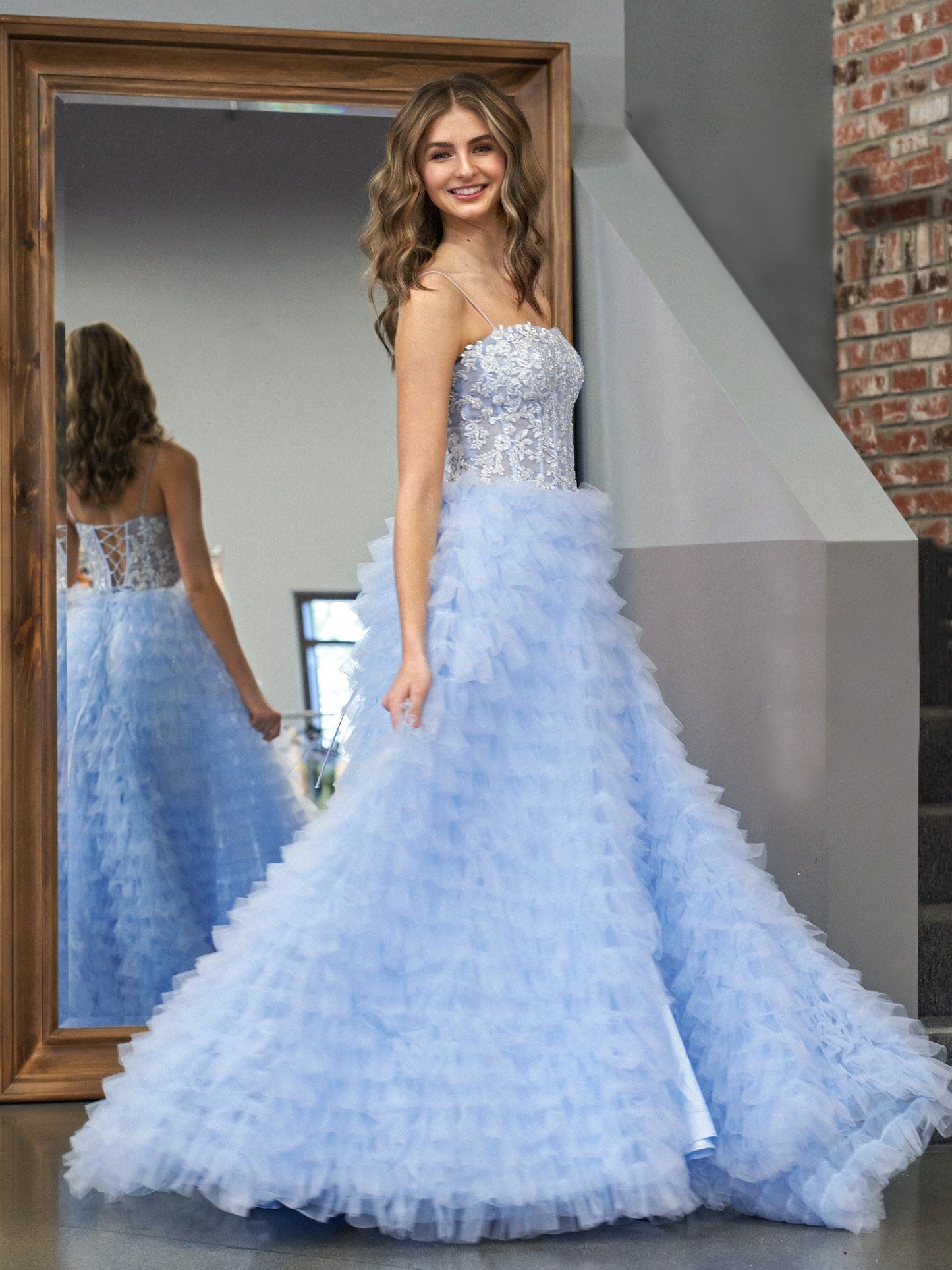 Roycebridal Jordan | Sky Blue A-Line Tiered Sequins Tulle Long Prom Dress