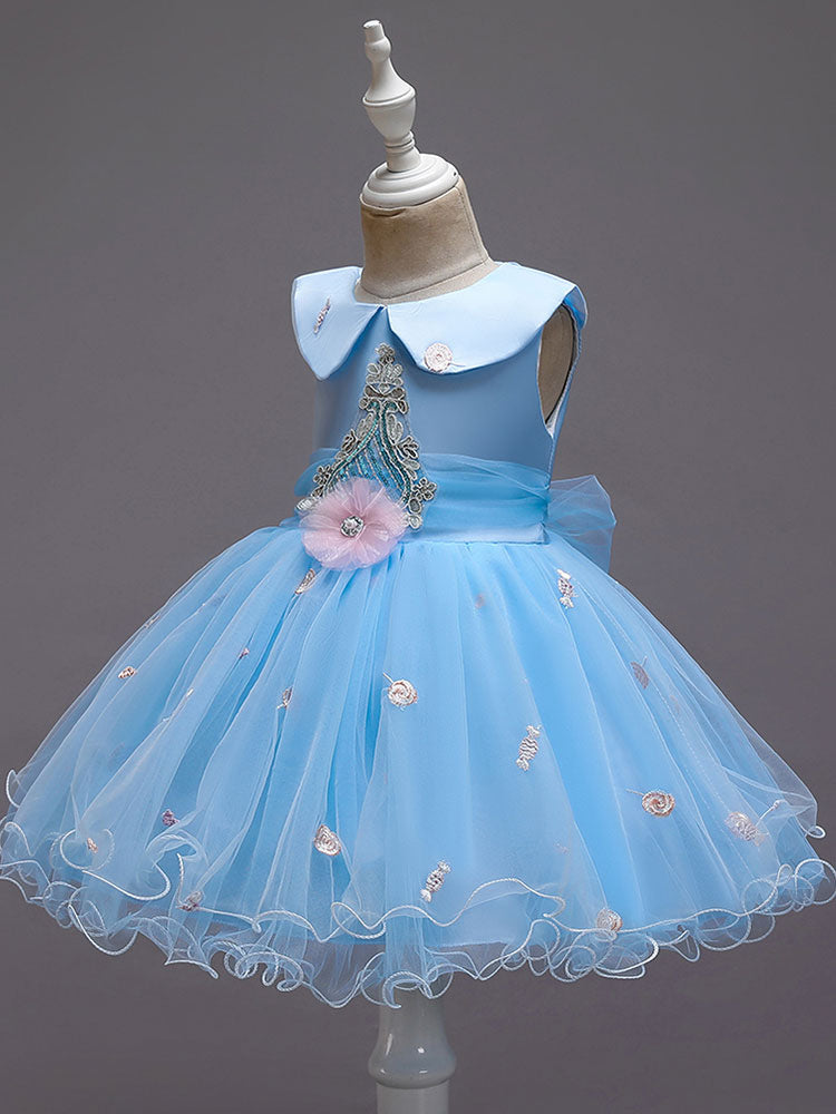 Blue Jewel Neck Sleeveless Bows Tulle Polyester Cotton Flowers Kids Social Party Dresses-showprettydress