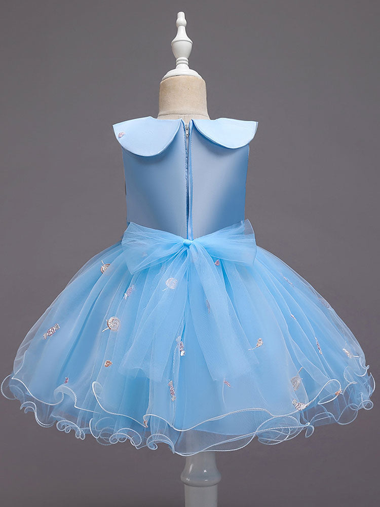 Blue Jewel Neck Sleeveless Bows Tulle Polyester Cotton Flowers Kids Social Party Dresses-showprettydress