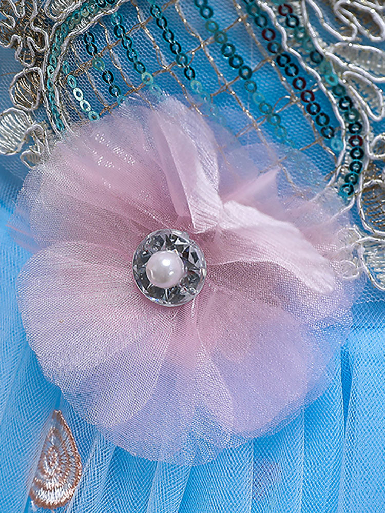 Blue Jewel Neck Sleeveless Bows Tulle Polyester Cotton Flowers Kids Social Party Dresses-showprettydress