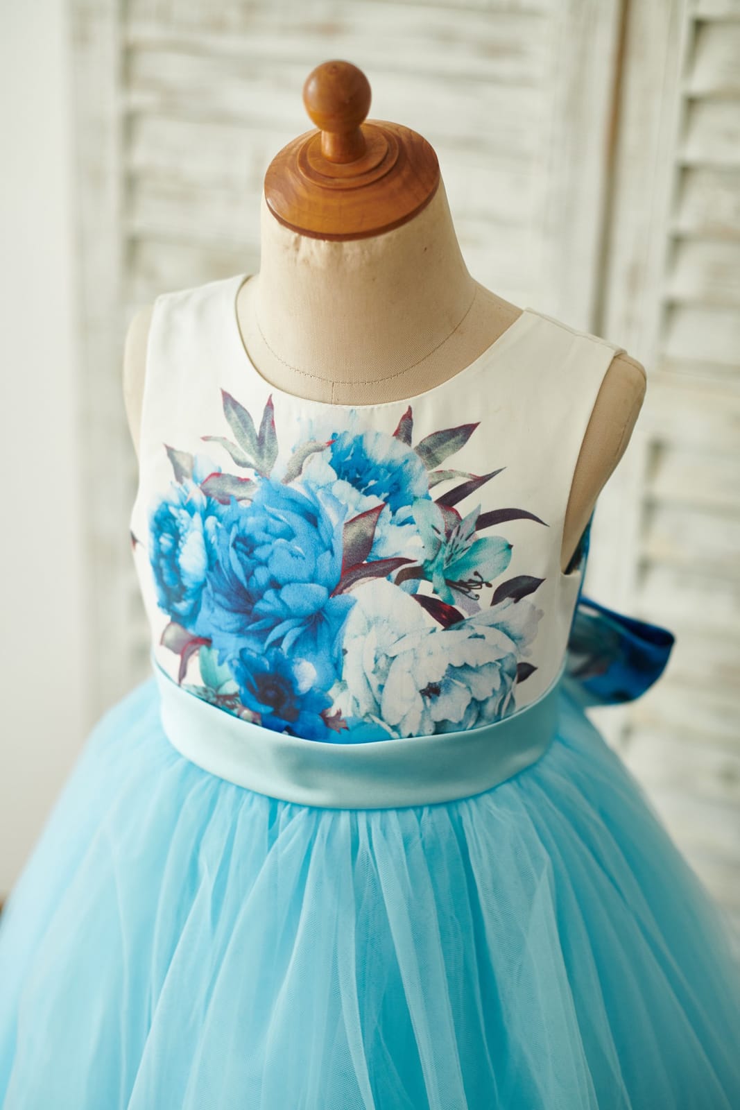 Blue Printed Floral Satin Tulle V Back Wedding Flower Girl