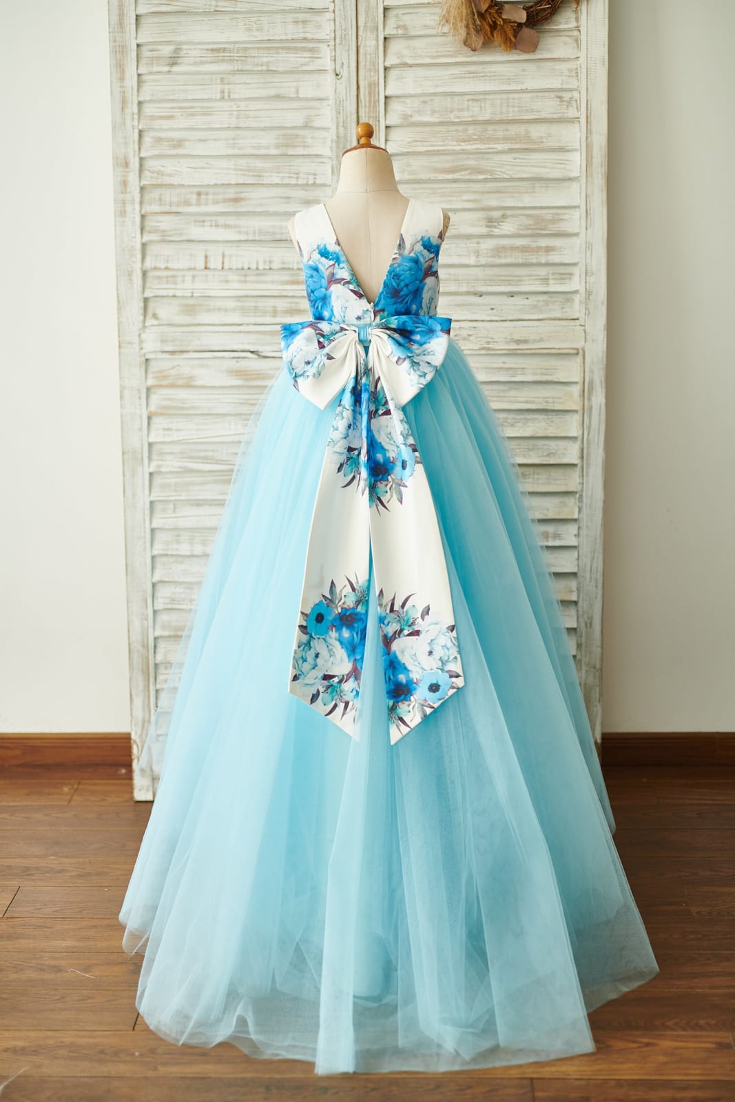 Blue Printed Floral Satin Tulle V Back Wedding Flower Girl