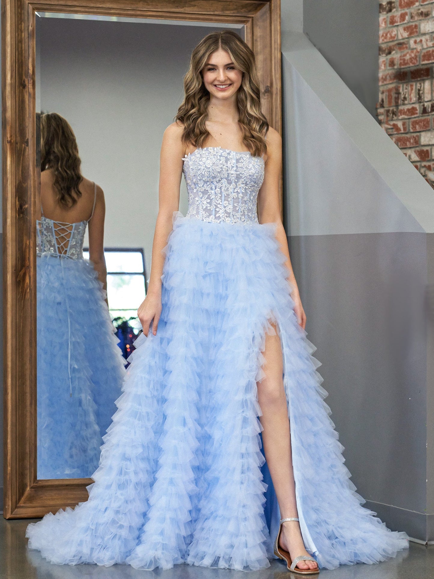 Roycebridal Jordan | Sky Blue A-Line Tiered Sequins Tulle Long Prom Dress